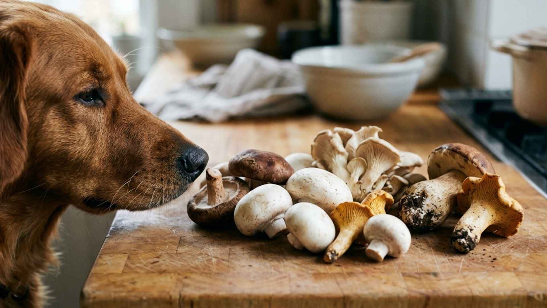 perro mirando setas y champiñones